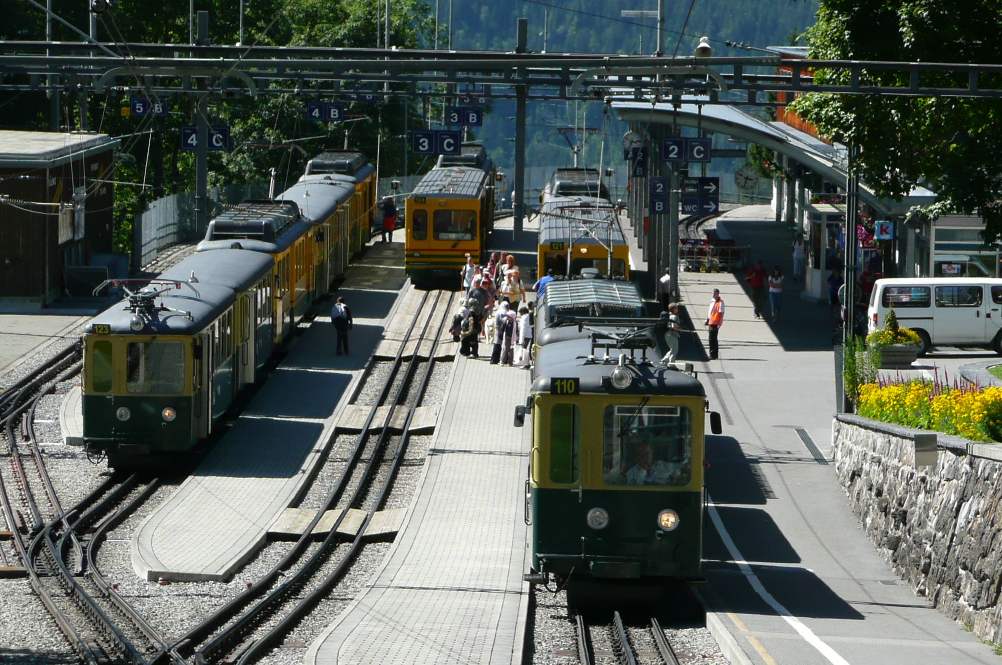 Wengen station and mountain train scene