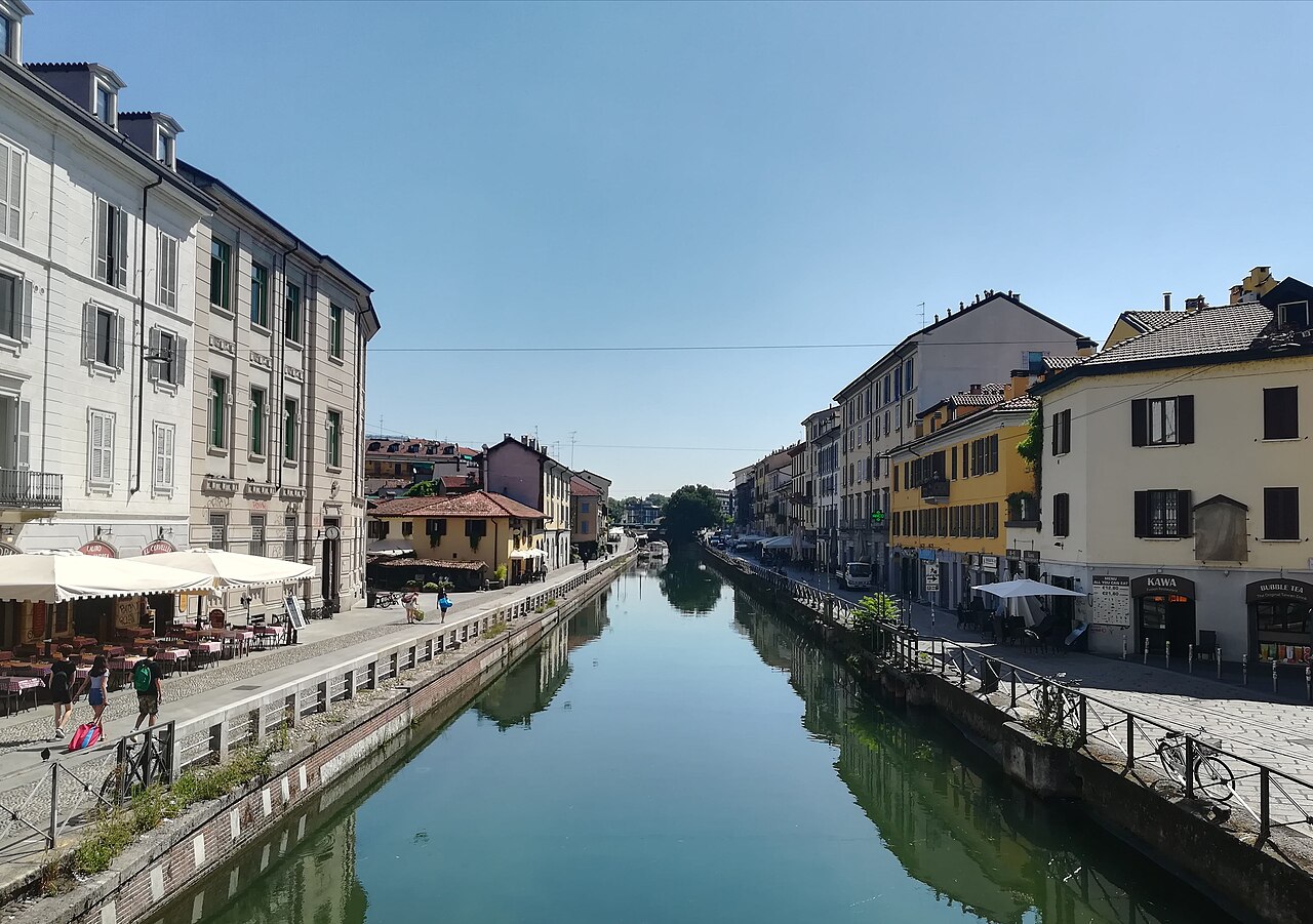 Navigli canal district in Milan at the water edge